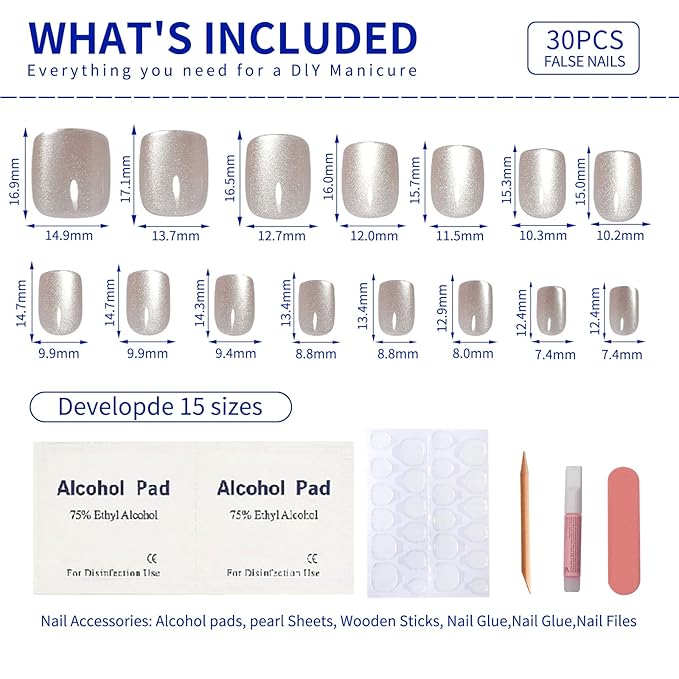 Nude Press On Nails Square, Cat Eye Press On Nails Short Fake Nails with Color-Shifting Glow, Reusable Stick On Nails, 15 Sizes - 30 Nail Kit with Glue, Natural Glue On Nail for Women, Silken Glow