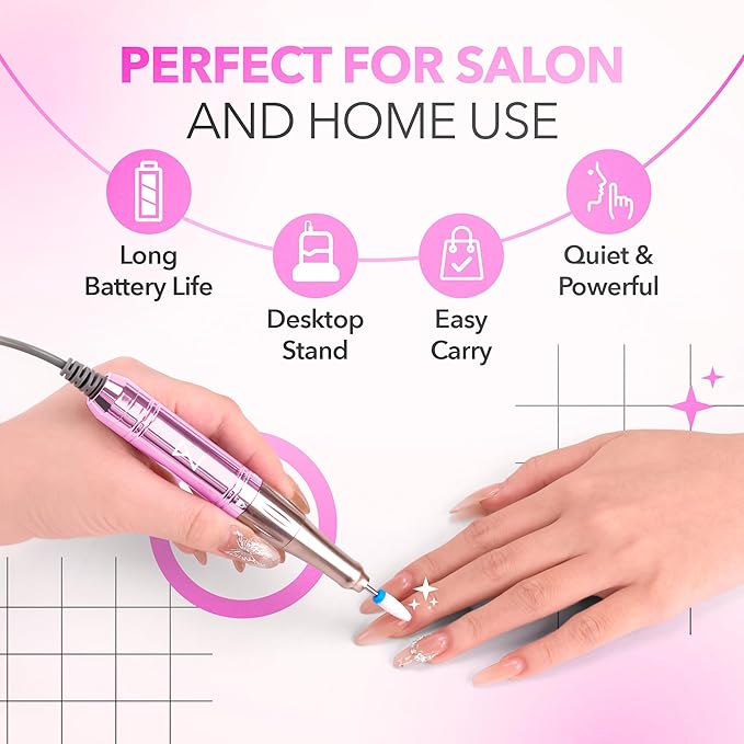 M Mase- Professional Nail Drill Machine - Coreless 2-in-1 Nail File - Electric, Cordless, 35000 RPM, HD Display - Electric Nail Drill for Professional & Home Use (Unicorn Pink)