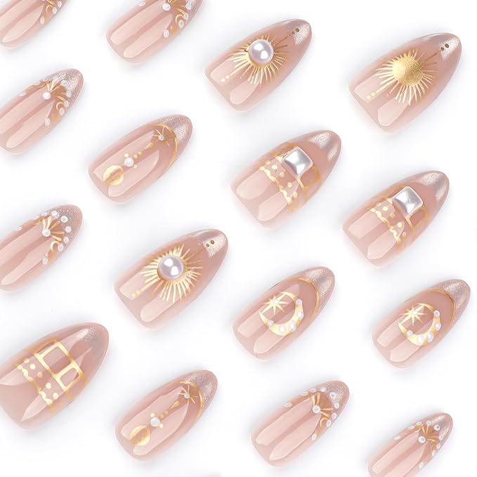 French Nude Press On Nails Almond, Short Fake Nails with 3D Gold Moon and Star Design, Glitter French Tip and Pearl Accents, Glossy Reusable Glue On Nails Kit for Women, 24Pcs
