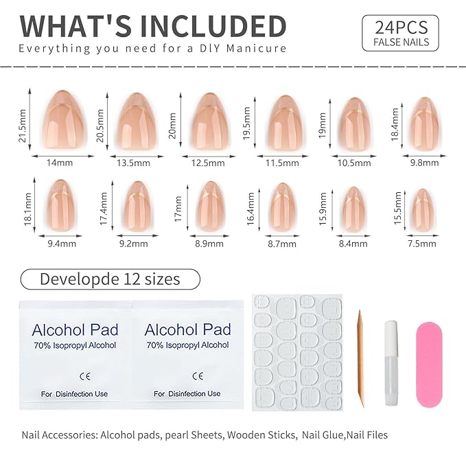 Short Almond Press On Nails – Nude Glitter French Tips with Gold Outline, Glossy Acrylic Fake Nails, Reusable Stick On Nails Kit with Glue for Women, Elegant Shimmery Manicure Set