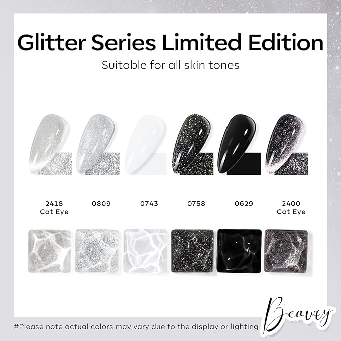 modelones Gel Nail Polish Set, 6 Colors Cat Eye Black White Gray Silver Glitter Shimmer Gel Polish Kit with Magnet Sparkle Galaxy Series Soak Off Nail Art Manicure Home Gift for Women Girl