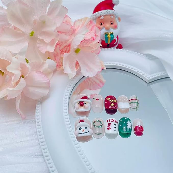 10Pcs Christmas Press on Nails Short Square Cute Fake Nails with 3D Snowman Santa Claus Design Glossy Pink Full Cover Acrylic Nails Winter False Nails Reusable Christmas Stick on Nail for Women DIY
