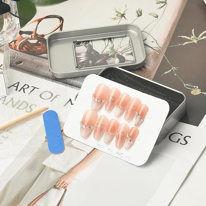 Pink Cat Eye Press On Nails Medium Almond, Handmade Pearl & Rhinestone Glitter French Tip, Gel Acrylic 10pcs Hand-Painted Bow & Heart Design(Elegant Dancer, Size M)