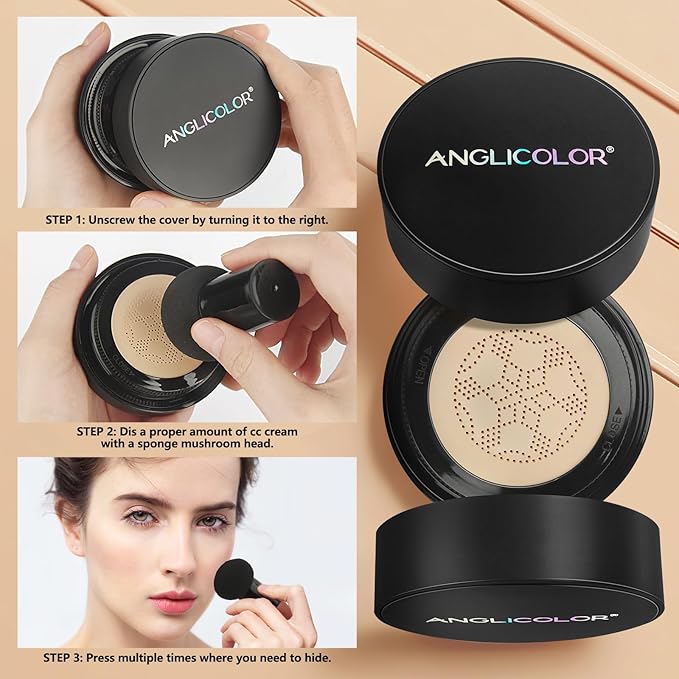 Anglicolor Mushroom Head Air Cushion CC Cream Full Coverage,Face Makeup Cushion Foundation Long Lasting,BB Cream Even Skin Tone for Oily & Combination Types(#05 Sand)