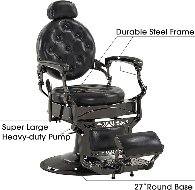 BarberPub Heavy Duty Metal Vintage Barber Chair All Purpose Hydraulic Recline Salon Beauty Spa Chair Styling Equipment 8914 (Black with Black Frame)