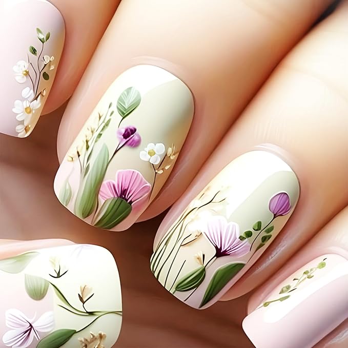 Spring Flower Press on Nails Short Square Acrylic False Nails Green Leaves Stick on Nails 24Pcs Glossy French Tips Fake Nails Colorful Flowers Gel Glue on Nails for Coquette Women Girls