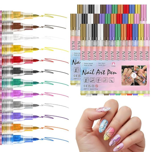 12 Colors Nail Art Pens Set, 2026 New Nail Art Pens for Painting Nails, Nail Art Markers Doodle Pen, Nail Art Tools for Dotting Drawing Painting Point Liner DIY, Quick Dry (3 Set, 0.7mm)