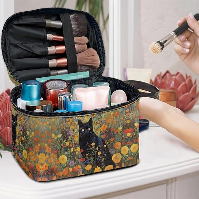 Black Cat Vibrant Floral Pattern Travel Makeup Bags for Women Portable Tote Cosmetic Case with Carry Handle Toiletry Accessories Storage Organizer Bags