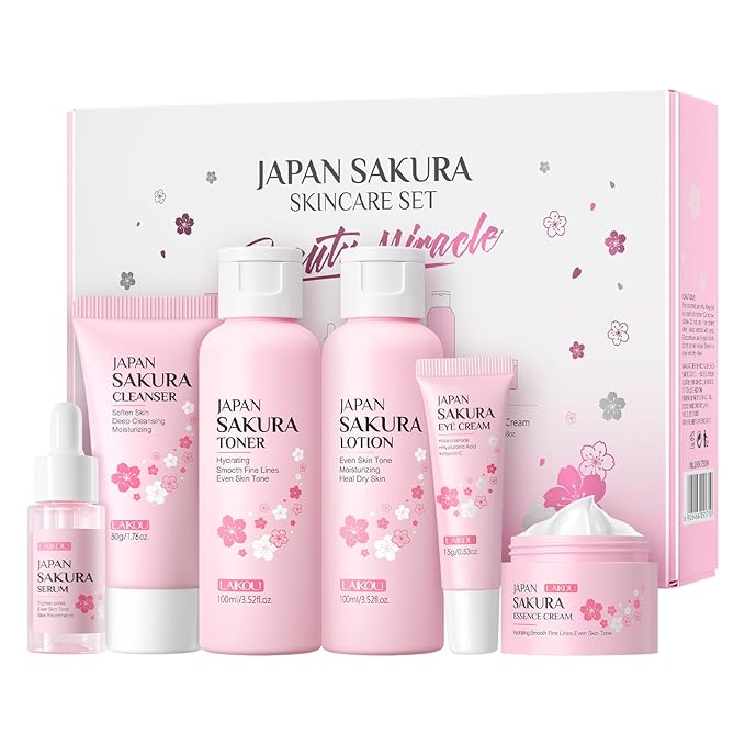 LAIKOU Skin Care Set JAPAN SAKURA Women Beauty Gift Sets Skin Care Kit with Cleanser, Toner, Lotion, Serum, Eye Cream, Face Cream Travel Kit for Women Teen Girls Mom Daughter TSA-friendly Sizes 6pcs