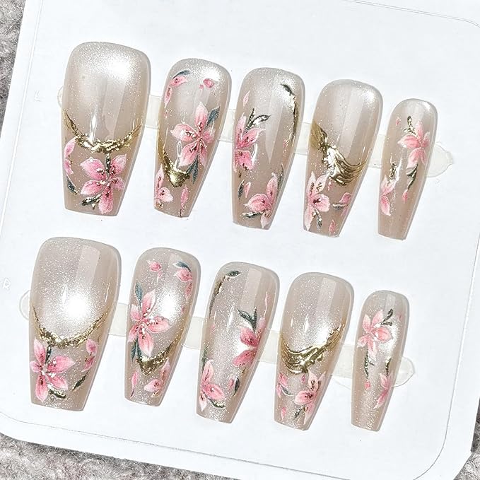 30Pcs Flower Press on Nails Medium Handmade Fake Nails Peach Blossom with 3D Gilding Design Silver Gradient False Nails Full Cover Artificial Glue on Nails Spring Summer Stick on Nails for Women