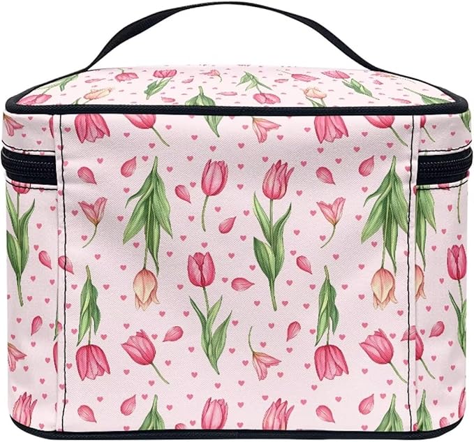 Pink Tulip Floral Heart Print Travel Makeup Bags for Women Portable Tote Cosmetic Case with Carry Handle Toiletry Accessories Storage Organizer Bags for Valentine's Day Mother's Day
