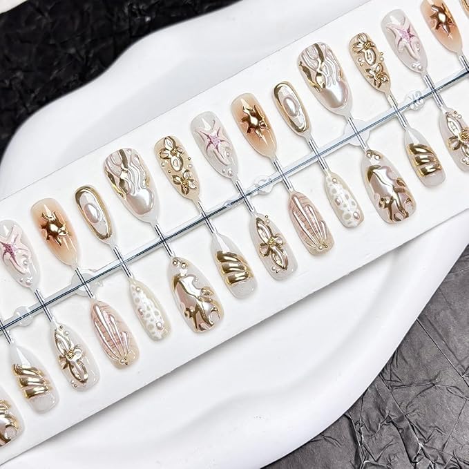30Pcs Summer Beach Press on Nails Medium Almond Flower Fake Nails 3D Jellyfish Starfish Sun Rhinestones Designs Full Cover Glitter Stick on Nails Gold False Nails for Women Girls Acrylic Nail Salon