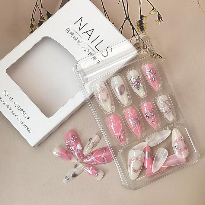 24Pcs Pink Bow Press on Nails Medium Almond Fake Nails with Silver Heart Rhinestones Design Glitter False Nails White Full Cover Artificial Glue on Nails Handmade Stick on Nails for Women Acrylic Nail