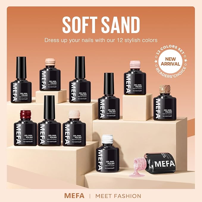 MEFA Nude Gel Nail Polish Set, 12 Colors Champagne Gold Glitter Gel Polish Set Shimmer Nude Pink natural Nail Polish Soak Off Burgundy Dark Red Brown Gifts for Women Girl DIY Salon Home Manicure