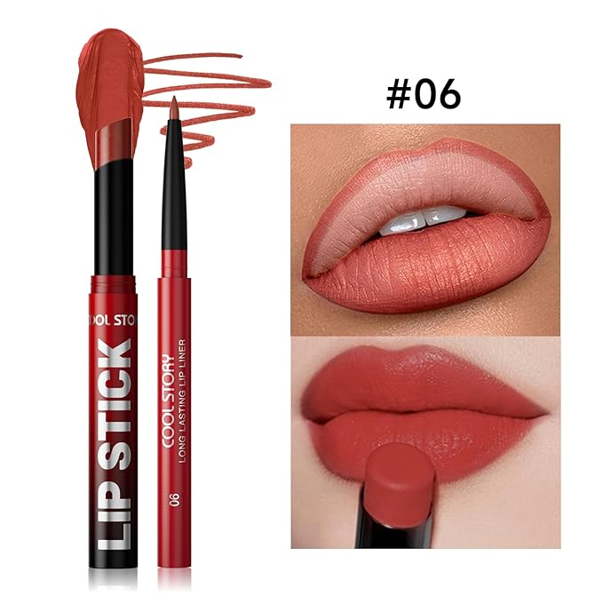 COOL STORY 2 Piece Lip Liner and Lipstick Set, Long Lasting Formula, Professional Makeup Kit (06)