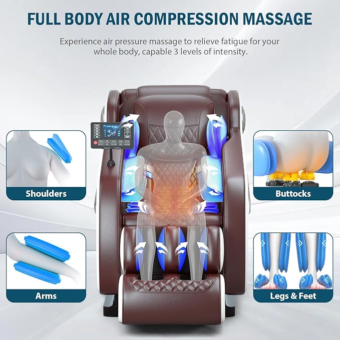 Massage Chair Full Body Zero Gravity, Massage Recliner with Air Pressure, 10 Fixed Massage Rollers, Heating, Foot Roller, Bluetooth Speaker, for Home Office Men Women (Brown)