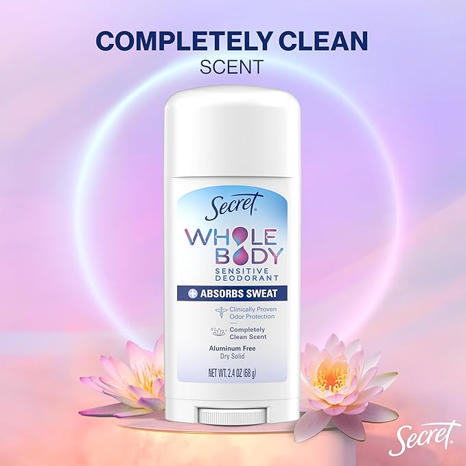 Secret Whole Body Deodorant Dry Feel Stick + Absorbs Sweat for Women, Naturally Derived Ingredients, Completely Clean Scent, Aluminum Free Deodorant Stick, 72 HR Odor Protection, 2.4 oz