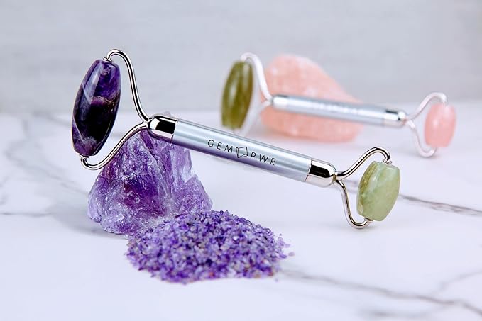 Amethyst + Jade Roller for Face and Neck Massage, Dual Gemstones with Durable Steel Handle and Travel Bag. Minimize Wrinkles, Reduce Puffiness and Restore Skin's Elasticity and Radiance