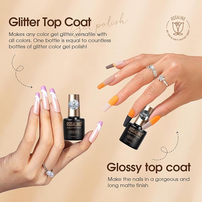 ROSALIND 8 PCS Nail Prep Dehydrator and Primer with Base Coat Top Coat, Glossy Glitter Matte Top Coat for Acrylic Gel Nail Polish Nail Art Supplies Gift