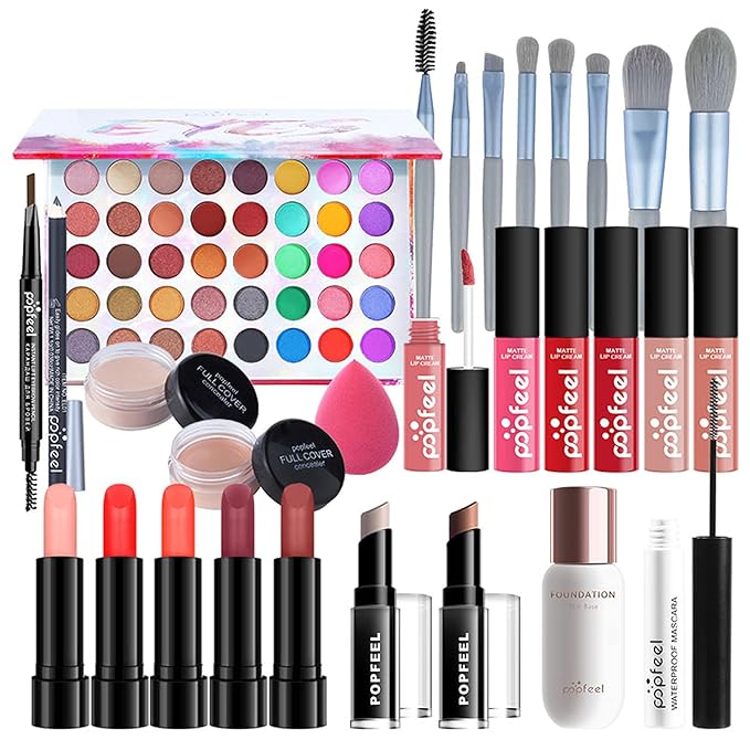 Makeup Kit for Women Full Kit, with Professional Make Up Bag Eyeshadow Red Lipstick, Powder Brush, Concealer, Glitter Lip Gloss, Waterproof Mascara, Eyebrow Pencil, Birthday Gift for Mom Sister