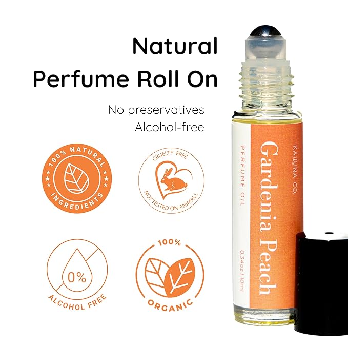 Gardenia Peach Delicious Pure Essential and Fragrance Oil Perfume Roll On with Organic Jojoba Oil, Eau de Toilette, Alcohol Free, Small-Batch, Made in California