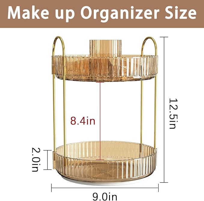 Rotating Makeup Organizer for Vanity, High-Capacity Skincare Clear Make Up Storage Perfume Organizers Cosmetic Dresser Organizer Countertop 360 Spinning (Gold, New-2 Tier)