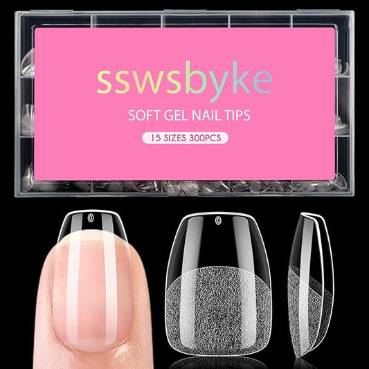 Extra Short Coffin Nail Tips, SSWSBYKE 300pcs 15 Sizes Gel Acrylic Nail Tips for Full Cover Pre-Shaped Fake Nails Tips Half Matte Press On Nails for Extension Home DIY Salon