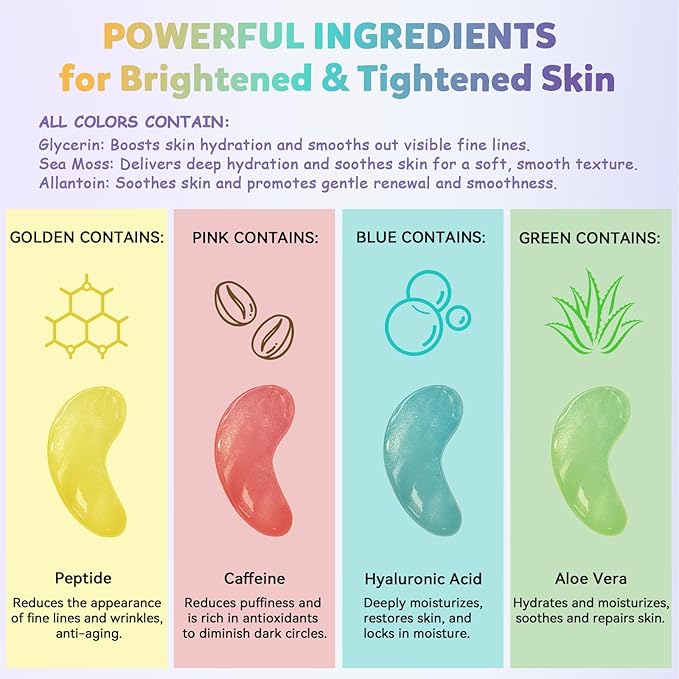 Under Eye Patches Variety Pack (24 Pairs), Eye Masks for Dark Circles Puffy Eyes Undereye Bags With 8 Colors (3 Pairs/Color), Vegan Eye Skin Care Set for Bachelorette Party Favors