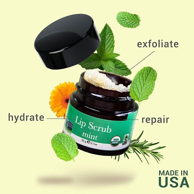 Organic Lip Scrub Mint - USA Made Exfoliating Lip Scrub with Natural & Organic Ingredients, Moisturizing Lip Exfoliator Scrub for Dry Lips, Lip Scrubber Exfoliator & Sugar Scrub for Smooth Lips