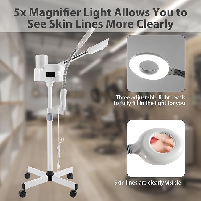 Professional Facial Steamer 2 in1 Steamer for Face 5X LED Magnifying Lamp Facial Steamer for Esthetician Beauty Face Equipment Use at Home or Salon（White）