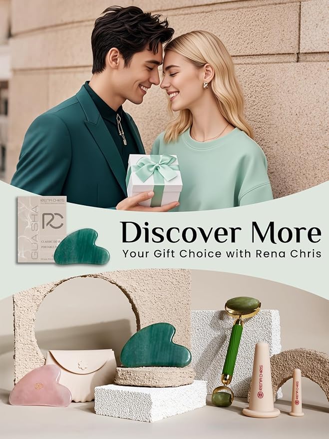 Rena Chris Gua Sha Facial Tools: Natural Jade Stone Guasha Tool for Face Acupuncture Therapy, Facial Massager for Jawline Sculpting and Puffiness Reducing (Green)