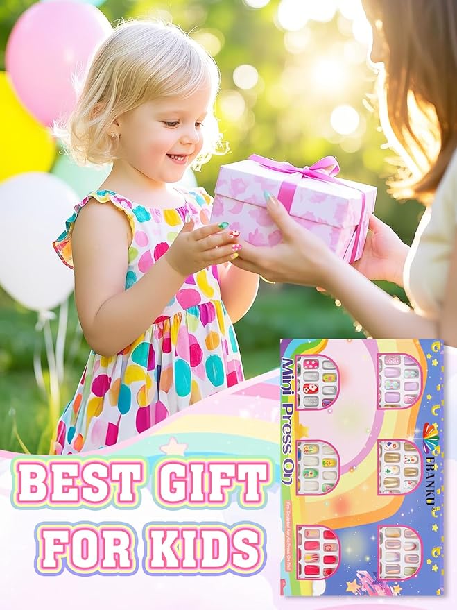 144 Pieces Press on Nails for Kids, EBANKU 6 Pack Kid Fake Nail Pink Gold Flower Star Press on Nails for Girls 5-12 Years with Jelly Nail Adhesives