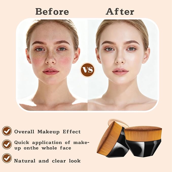 ss 4-Piece Flat Top Kabuki Brush Set - Hexagonal Face Powder Brush & Blush Red Liquid Foundation Brush with Black Protective Covers