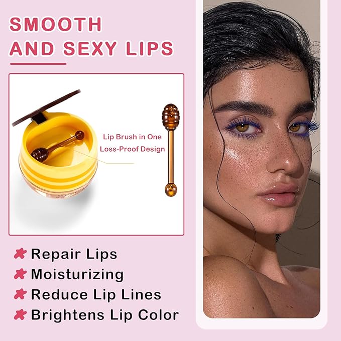 2PCS Bee Lip Balm Honey Pot Cherry Honey Sleeping Lip Mask Silky Hydrating Bee Lip Balm Honey Lip Mask Overnight Lip Care Products(Honey+Cherry)