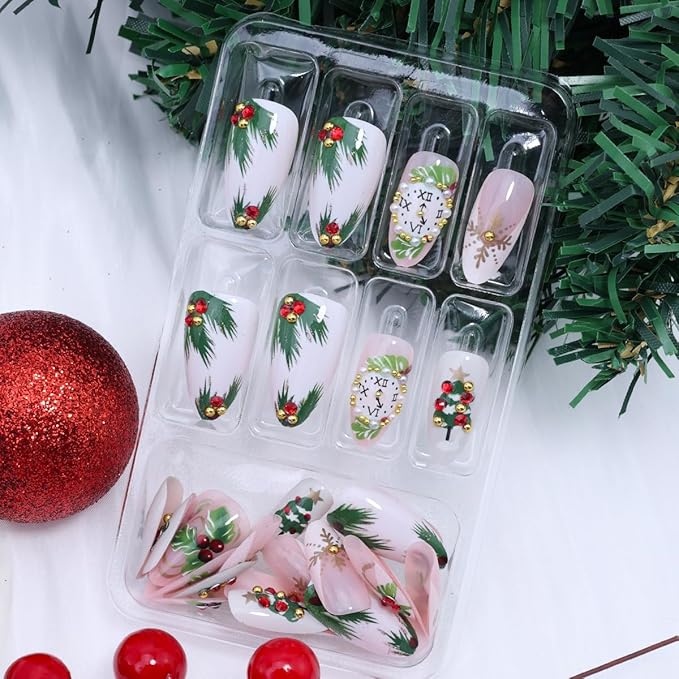 30Pcs Christmas Press on Nails Medium Almond Fake Nails Xmas Tree Holly False Nail Clock with 3D Rhinestones Design Gold Snowflakes White French Tip Glue on Nails for Women DIY New Year Holiday Nail