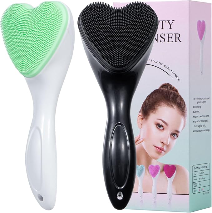 Silicone Face Scrubber Exfoliating Brush 2 Pack, Manual Handheld Facial Cleansing Brush Blackhead Scrubber, Soft Bristles Waterproof for Face Skincare (Black Green,Heart)