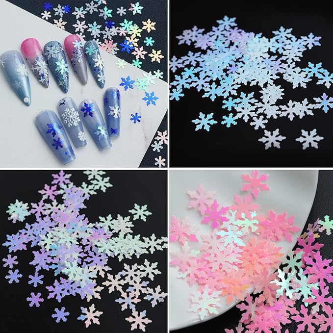12 Grids 3D Snowflake Nail Art Stickers - Holographic Laser Decals for Christmas Nails - Xmas White Sequins for Nail Decoration - Winter Snow Flakes