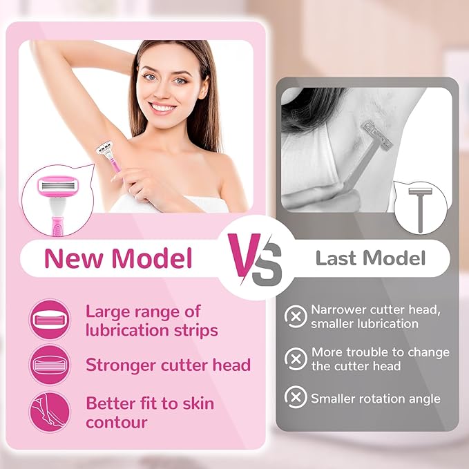 DreamGenius Razors for Women Include 2 Non-Slip Handles and 14 Blade Refills with a Shower Holder, 5 Premium Blades Women's Razors for Shaving with 360° Lubrication Reduces Irritation, Pink