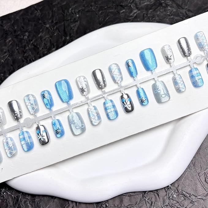 Blue Snowflake Press on Nails Short Fake Nails Square Glitter False Nail with Bow Cherry Checkered Designs Silver Acrylic Artificial Nails Full Cover Winter Snowflake Glue on Nails for Women, 30Pcs