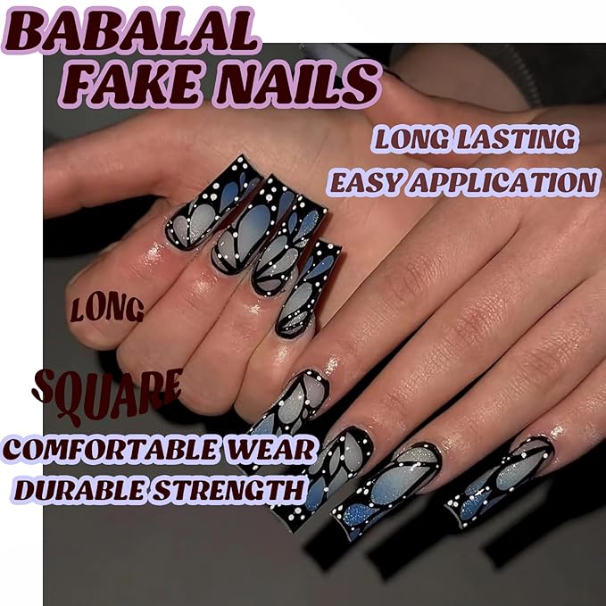 BABALAL Black Nails Press on Long Square Fake Nails Gothic Glue on nails Blue Ombre Punk Acrylic Nails Butterfly False Nails Art 24Pcs Squoval Manicure Stick on Nails Full Cover Nails for Women Girls