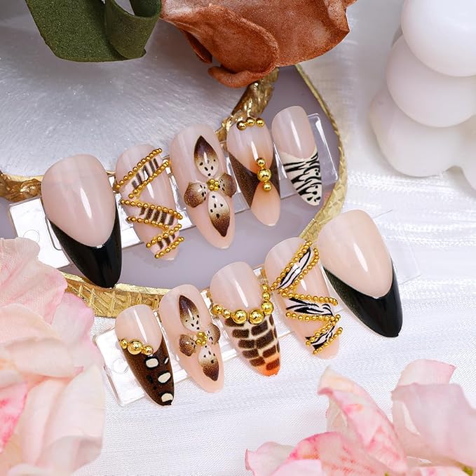 Fall Almond Press on Nails Medium French Tip Fake Nails Luxury Gold Beads Glue on Nail Brown Handmade Acrylic Nails Autumn Flower False Nail Leopard Print Tip Stiletto Stick on Nail for Women 24Pcs