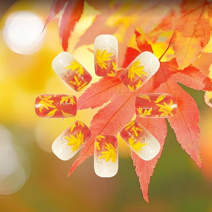 Maple Leaf Press on Nails 24Pcs Glossy Red Glitter Acrylic Fake Nail Thanksgiving Medium Square False Nails Fall Leaves Stick on Fingernails Autumn Gel Glue on Nail for Coquette Women Girls