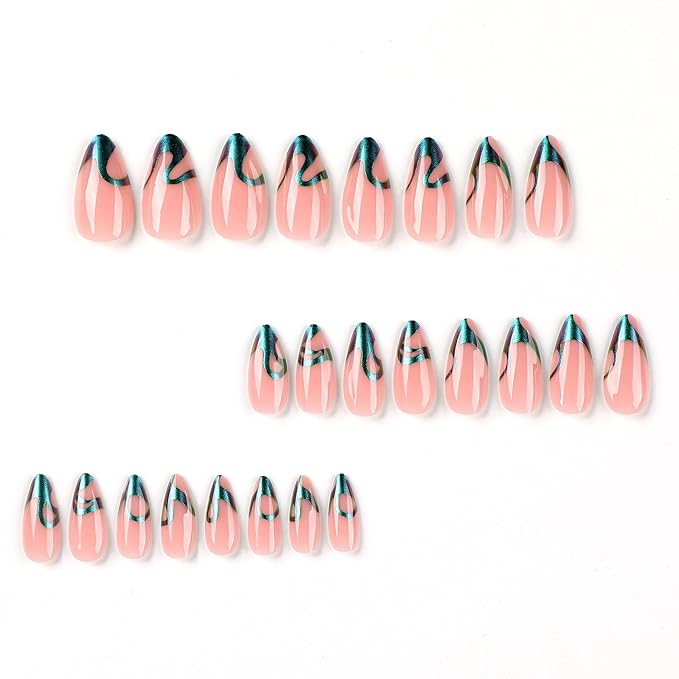 Press on Nails Almond Fake Nails French Tip False Nails with Chrome Stripes Line Design Chrome Medium Acrylic Nails Press ons Glossy Full Cover Glue on Nail for Women Manicure 24Pcs