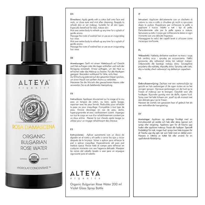 Alteya High-Potency Rose Water USDA Organic Facial Toner, 6000 Roses in a Bottle, 6.8 Fl Oz/200mL Pure Bulgarian Rosa Damascena Flower Water, Award-Winning Moisturizer in Miron Biophotonic Glass