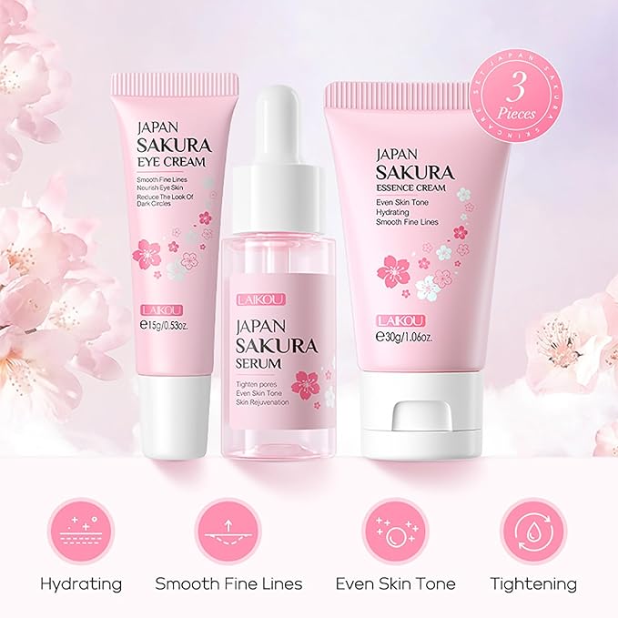 LAIKOU Skin Care Set JAPAN SAKURA Beauty Gift Sets Skin Care Kit with Serum, Eye Cream, Face Cream Travel Kit for Women Wife Mom Teen Girls TSA-friendly Sizes Christmas Gift 3pcs