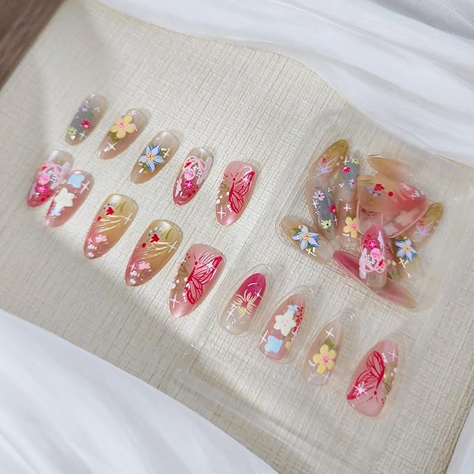 Handmade Press on Nails Almond Medium 3D Flower Fake Nails Colorful Floral Nail Art Butterfly Acrylic Nails Spring Summer Glue on Nails Full Cover False Nails for Women Manicure Accessories, 30Pcs