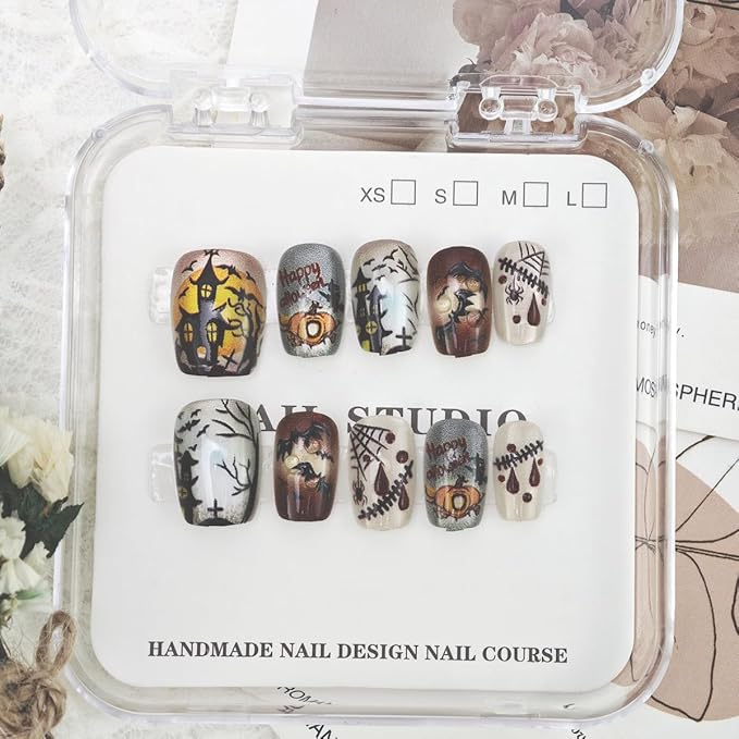 30 Pcs Short Oval Press on Nails Glitter Fake Nails Cartoon Bat Spider Web Pumpkin Blood Drop Graffiti Designs Full Cover Cute Stick on Nails Halloween False Nails for Women Acrylic Nail Salon DIY