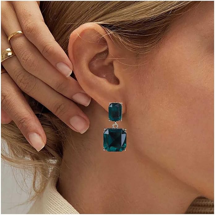 Vintage Emerald Square Earrings Green Emerald Drop Earrings Geometric Emerald Earrings Luxury Wedding Green Crystal Stud Earrings Jewelry for Women