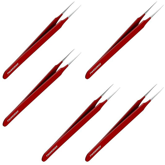 Ingrown Hair Tweezers | Pointed Tip | Red | 5 Pack | Precision Stainless Steel | Extra Sharp and Perfectly Aligned for Ingrown Hair Treatment & Splinter Removal For Men and Women | By Tweezees