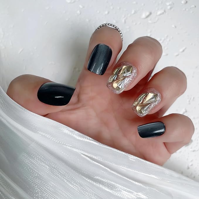 Black Cat Eye Short Squoval Press-On Nails – 28pcs with Champagne Rhinestone Accents, Soft Fit Back, Durable Front Edge, Reusable Full Cover Fake Nails for Daily, Party, Wedding